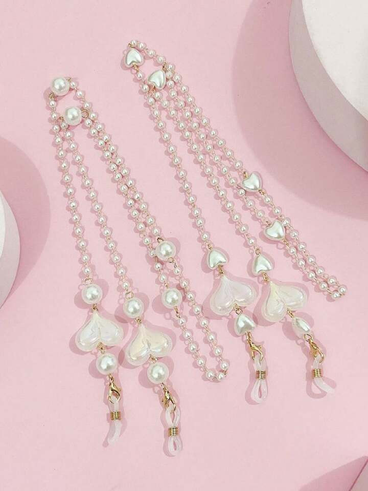 Elegant 1pc Gold-Toned Acrylic Heart Shaped Pearl Copper Chain Eyeglass Holder Necklace For Women | SHEIN