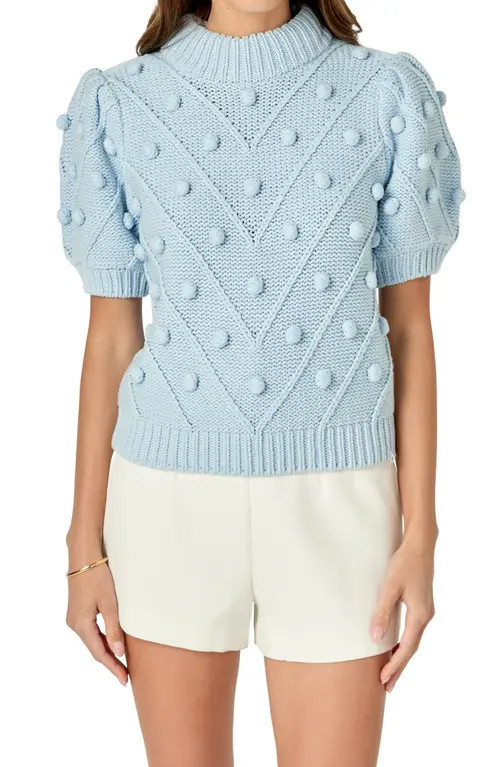 English Factory Pompom Puff Sleeve Sweater in Powder Blue at Nordstrom, Size Small | Nordstrom