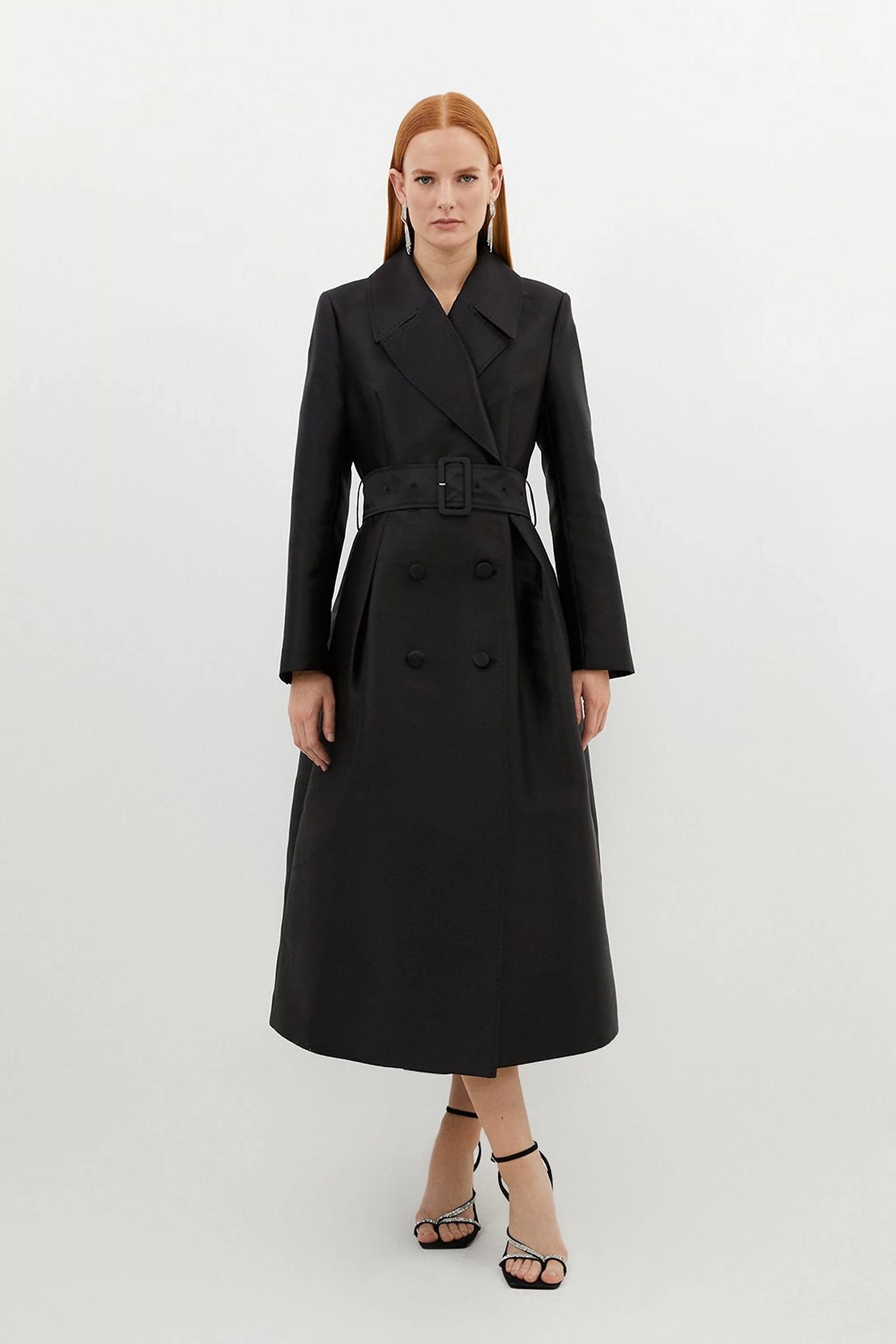 Satin Twill Tailored Full Skirted Belted Midaxi Dress | Karen Millen US
