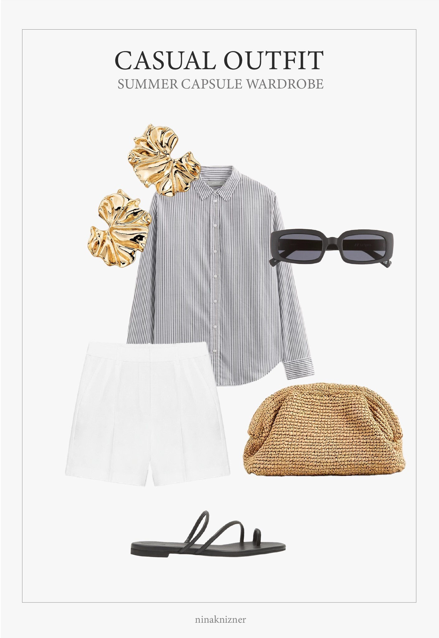 Casual summer outfit. 

Tailored white shorts, cotton button-up,  straw clutch and black strappy sandals. Statement earrings and black sunglasses.


#summeroutfit
#capsulewardrobe #modernluxe #quietluxury #neutraloutfits

#LTKStyleTip #LTKTravel #LTKSeasonal