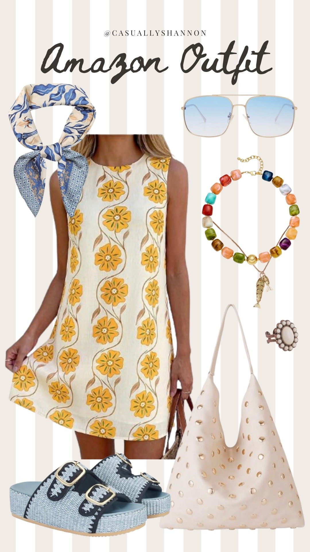A fun and cute summer vacation look | perfect for the beach trip, Europe vacation or even a girly coastal festival outfit | yellow floral dress with pops of blue great a soft color combo but mixed with the silk head scarf, studded purse and blue tinted sunglasses, it’s the perfect balance between feminine and edgy 🫐🌞 

#LTKFavFinds #LTKOutfitInspo #LTKxAmazon

#LTKFestival #LTKSeasonal #LTKTravel