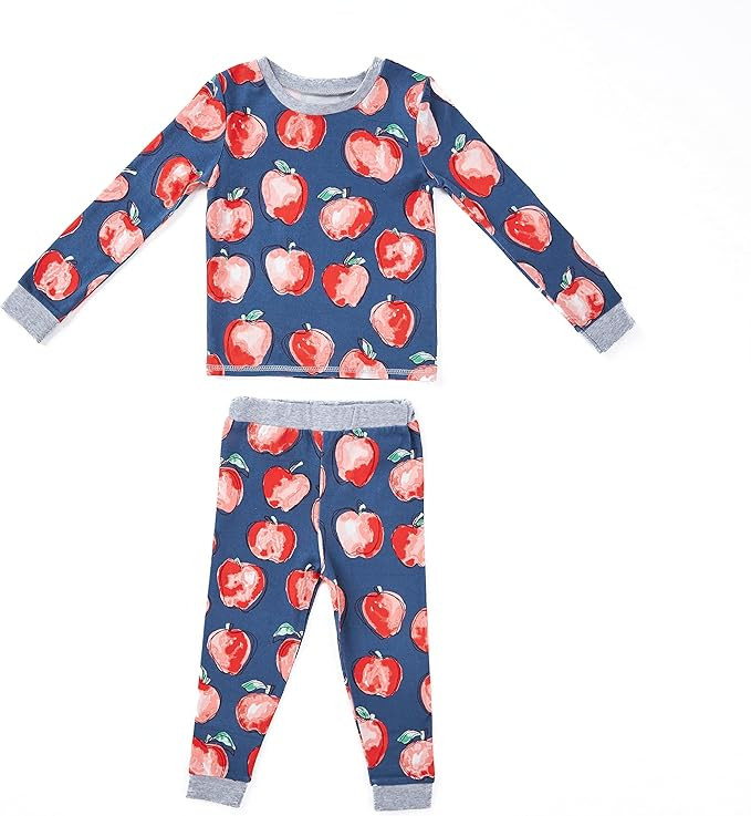 Mud Pie Baby Girls Apple Children's Pajama Set, Blue/Red, 5T | Amazon (US)
