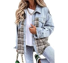 SHEWIN Women's Denim Jacket Long Sleeve Plaid Button Down Shirts Shacket Jacket | Amazon (US)