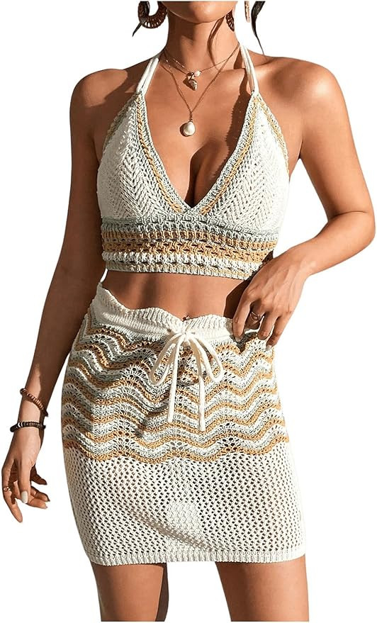 Verdusa Women's Hollow Out Knit Beach Cover Up Sets 2 Piece Crochet Halter Top and Skirt | Amazon (US)