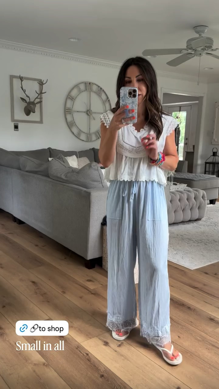 Small lace hem pants. Small top. Amazon fashion.

#LTKOver40 #LTKPetite #LTKSaleAlert