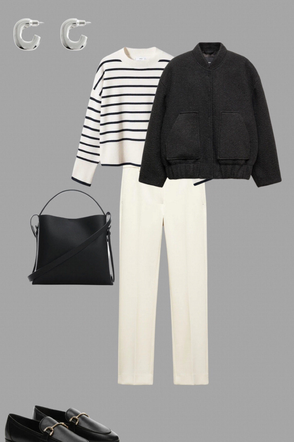 Autumn at Mango. Straight cream cigarette trousers, loafers, a striped knit and a dark grey bomber jacket