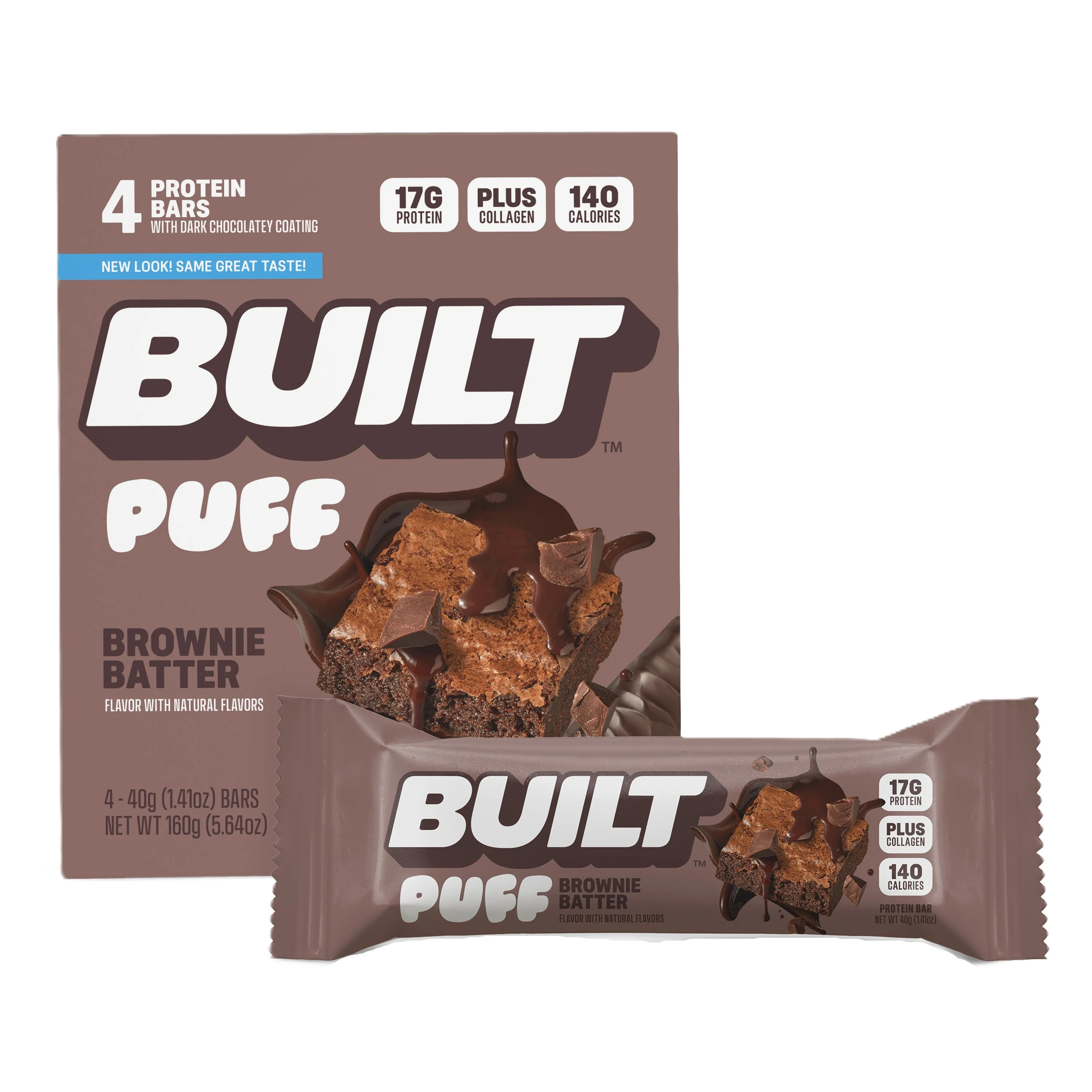 BUILT Puff Protein Bar, Brownie Batter, 17g Protein, Collagen, 140 calories, 4 count Box | Walmart (US)