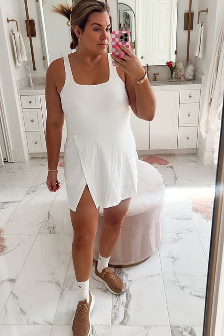 curvy fitness athleisure look! wearing size xl in white tennis dress. has built in shorts + shelf bra. not maternity but works well for a bump! 

#LTKFitness #LTKcurves #LTKbump
