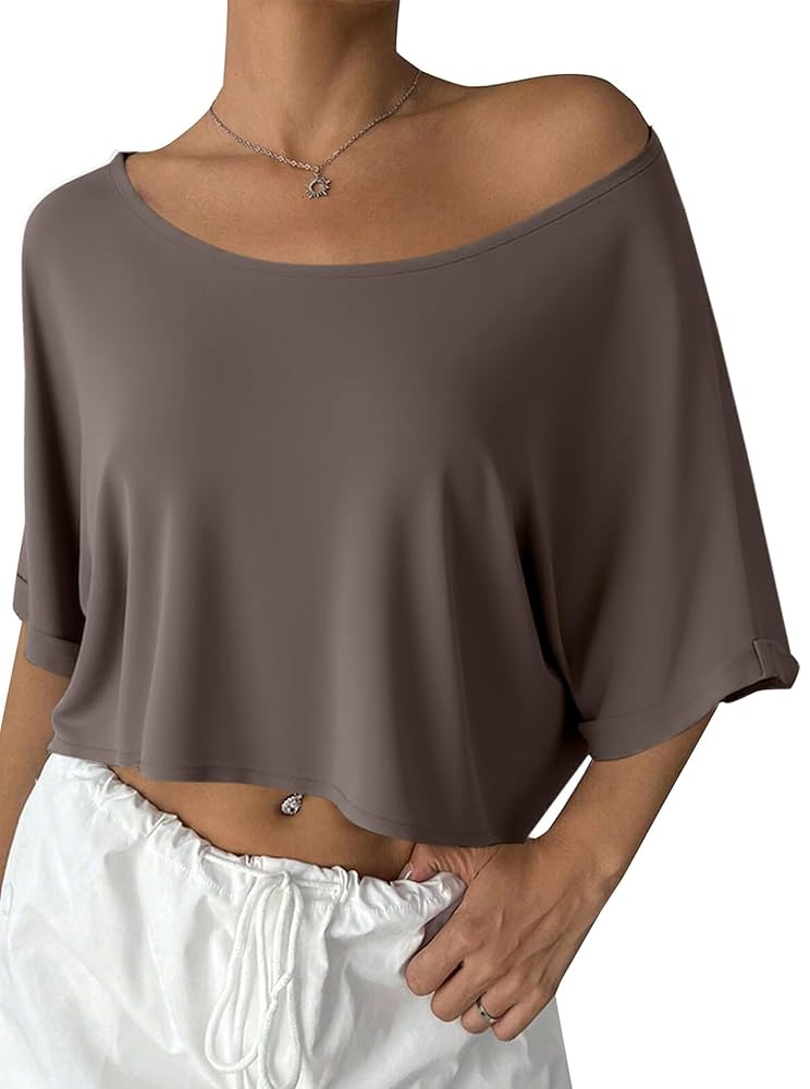 Remidoo Womens Off The Shoulder Short Sleeve Crop Top Asymmetrical Neck Loose Tshirt | Amazon (US)