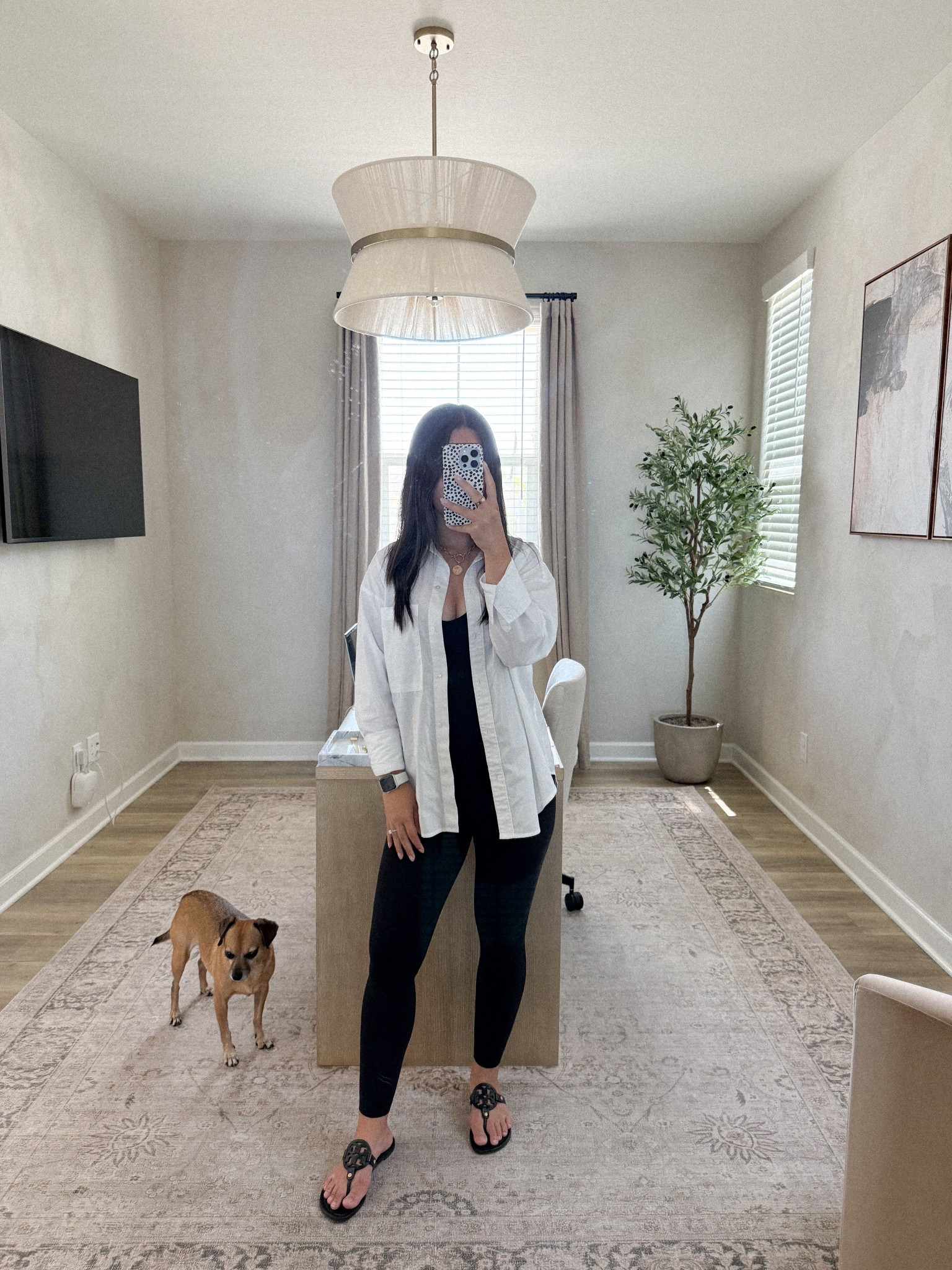 casual outfit || lululemon align bodysuit, oversized white poplin shirt, white button down shirt, white button up shirt, tory burch miller thong sandal, black leather sandals, black leather flip flops, apple watch, tiny flat back earrings

#LTKActive