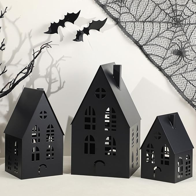 Beeveer Halloween Village Black Metal Houses Tabletop Decor Set of 3 Metal Pre-lit Halloween Haun... | Amazon (US)