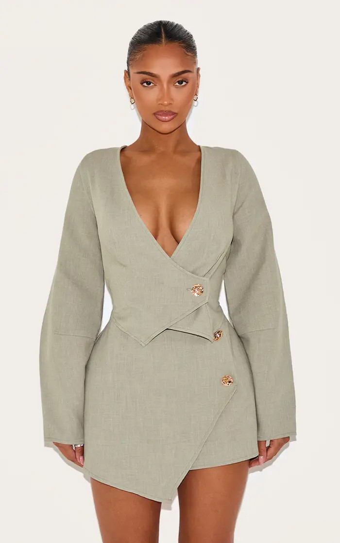 Shape Sage Woven Asymmetrical Hammered Button Blazer | PrettyLittleThing US