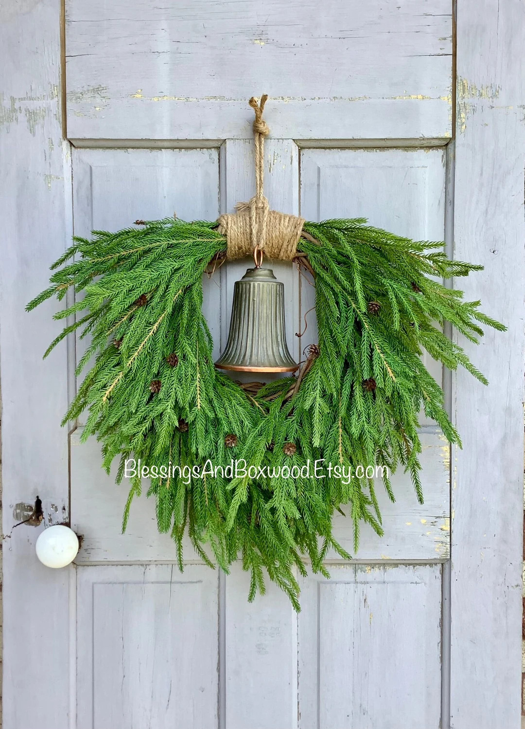 Norfolk Pine Wreath, Real Touch Cedar Wreath, Wreath With Bells, Modern Christmas Wreath, Christm... | Etsy (US)