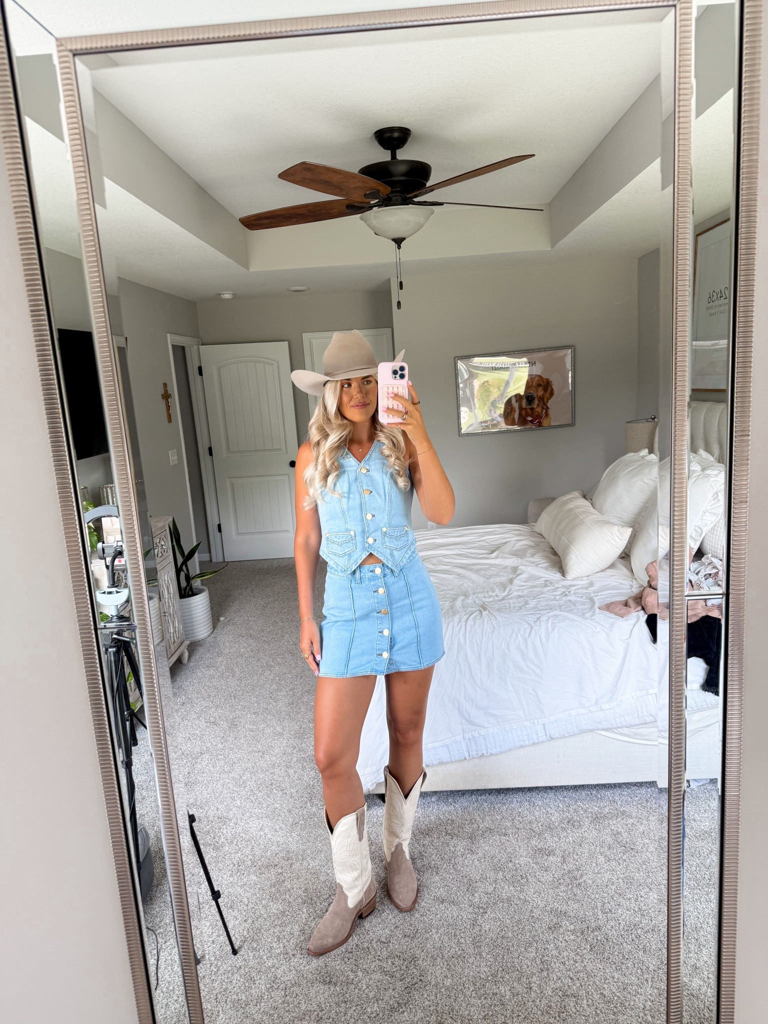 denim on denim! size 26 in skirt and small in vest, size down half size in boots, hat is bootbarn so linking similar :) 

rodeo outfit inspo 

#LTKStyleTip #LTKFindsUnder50 #LTKSeasonal