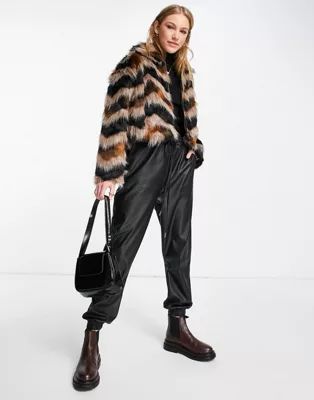 French Connection Dallow faux fur coat with collar in zigzag brown | ASOS | ASOS (Global)