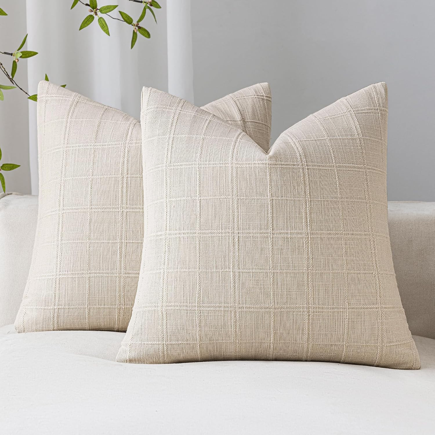 Decorative Linen Check Throw Pillow Covers Set of 2, 18"x18" Beige Neutral Cushion Covers, Farmhouse Vintage Modern Boho Home Decor for Sofa Chair Couch Bedroom | Amazon (US)