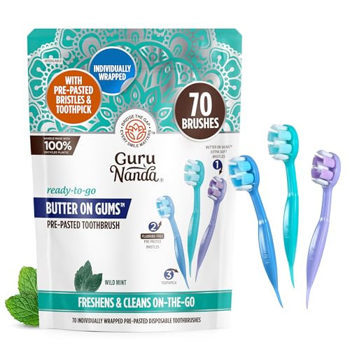 GuruNanda Ready-to-Go Disposable Mini Travel Toothbrushes - Butter on Gums Softex Bristles, Pre-Pasted Toothbrush & Toothpick - Fluoride-Free, No Rinsing Needed, 70 Ct | Amazon (US)
