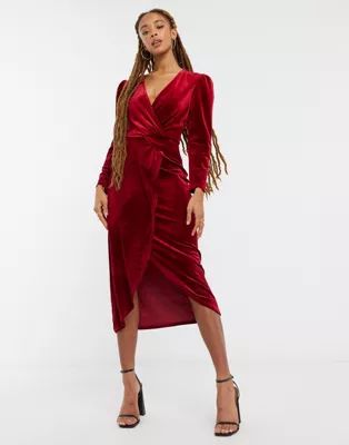 Miss Selfridge velvet wrap mini dress in red | ASOS (Global)