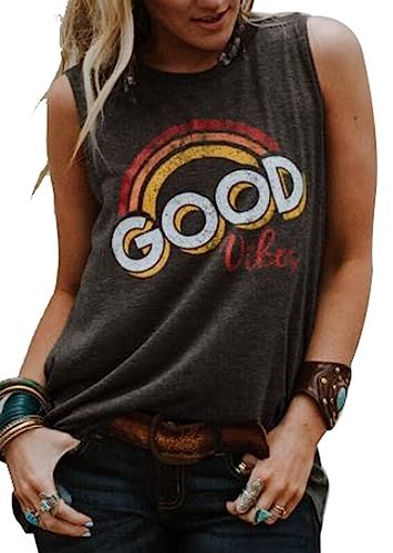 Good Vibes Rainbow Tank Top Women's Vintage Sleeveless Casual Graphic Tee T-Shirt | Amazon (US)