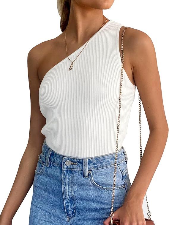 ZESICA Women's One Shoulder Tank Summer Sleeveless T Shirt Ribbed Knit Slim Fit Sexy Casual Basic... | Amazon (US)
