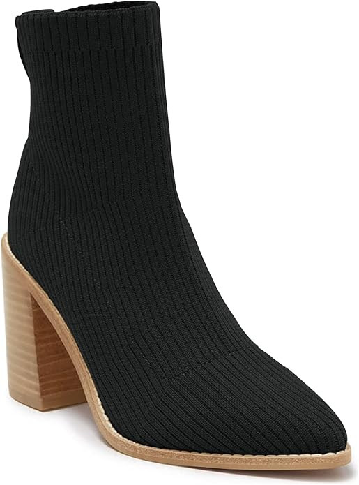 Amazon.com | Coutgo Women's Sock Ankle Boots Pointed Toe Chunky High Stacked Heel Pull On Ribbed ... | Amazon (US)