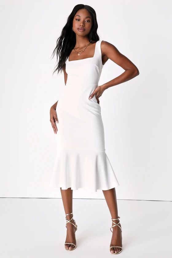 Moment Maker White Square Neck Trumpet Midi Dress | Lulus