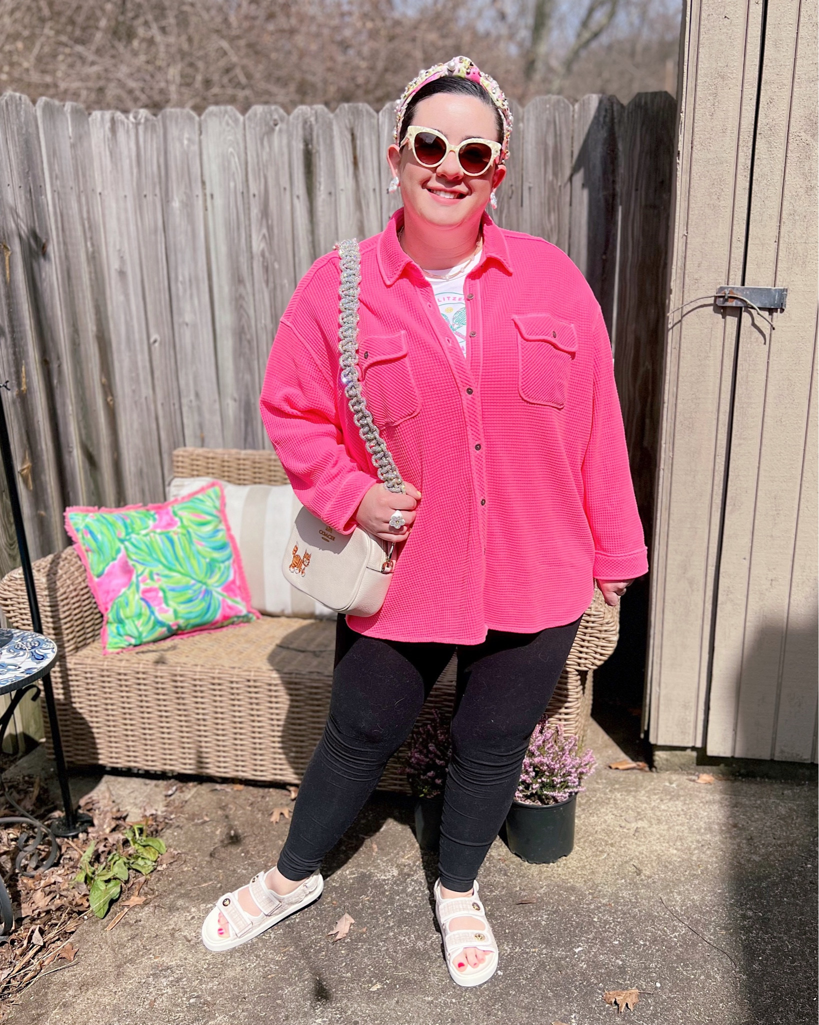 Aerie Lumber Jane Shirt $20 off right now! Casual outfit, Chanel dupe sandals, soft leggings, black leggings, comfy outfit, oversized shirt, casual button down shirt, neon pink top, crystal bag strap, braided crystal bag strap, knotted headband, cat eye sunglasses 

#LTKSeasonal #LTKsalealert #LTKFestival