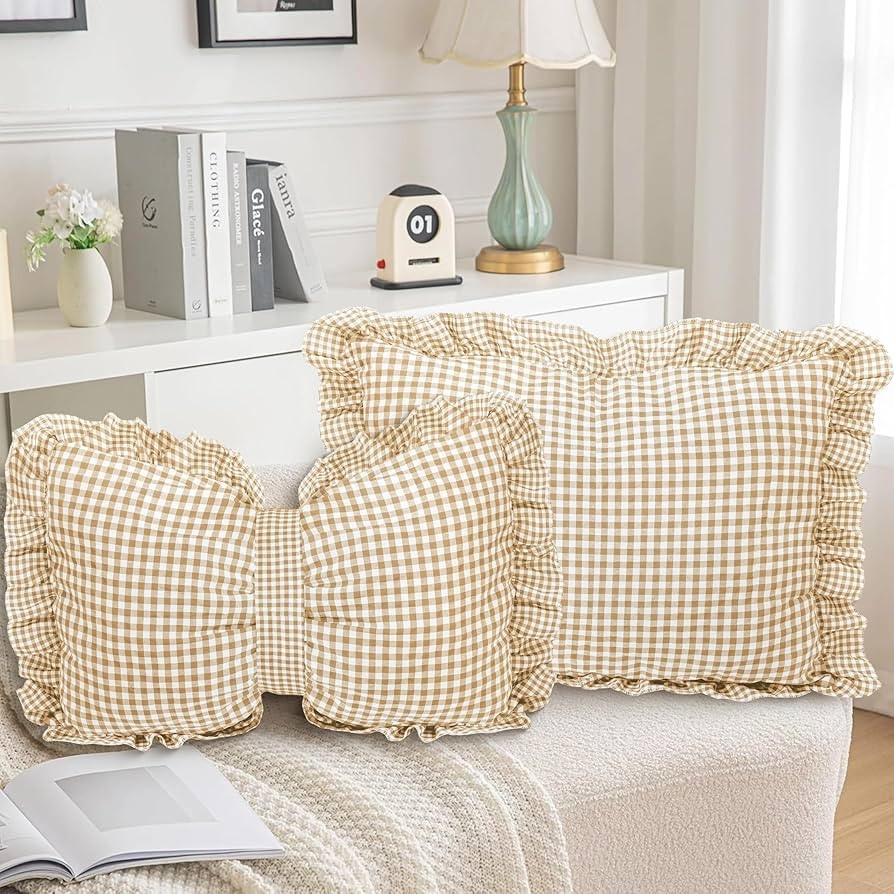 Euro Sham Pillow Covers - 2PCS European Plaid Ruffle Throw Pillow Sham for Sofa Couch, Brown Bow ... | Amazon (US)