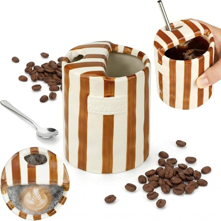 Novelty Ceramic Coffee Mug, 10OZ Retro Hand-Painted Striped Travel Mug with Sip Hole Ceramic Cup,... | Amazon (US)