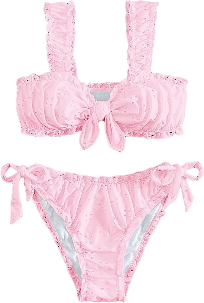SHENHE Women's 2 Piece Cute Ruffle Swimsuit Knot Front Eyelet Tie Side Cut Bikini Set | Amazon (US)