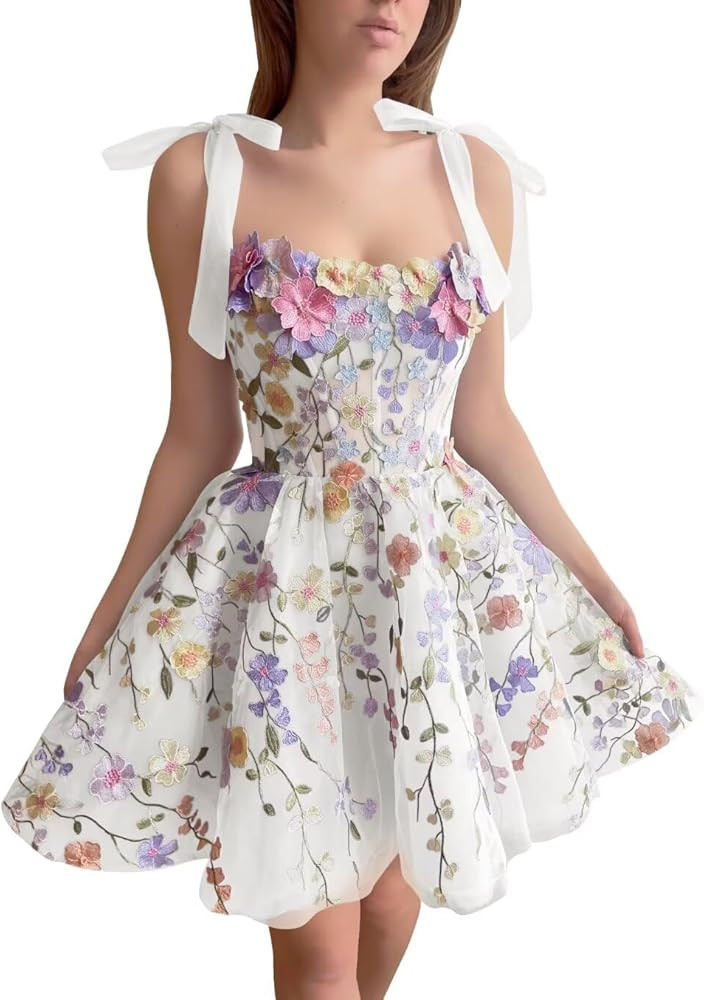 Floral Lace Applique Short Homecoming Dresses Embroidery Tulle Prom Dress A-line Cocktail Dresses | Amazon (US)