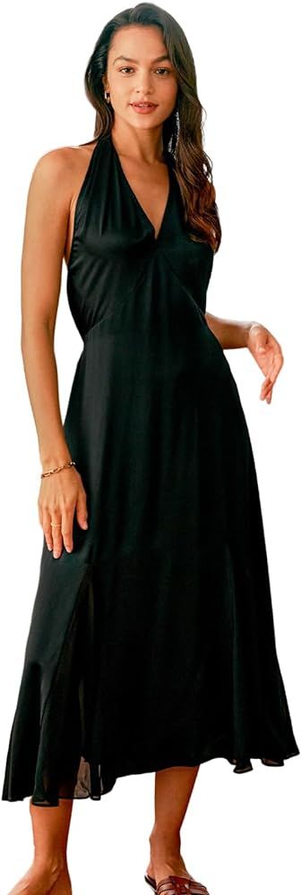 Silk Formal Dress for Women Luxury V-Neck Silk Vintage Summer Spring Halter Neck Slip Dresses Bac... | Amazon (US)