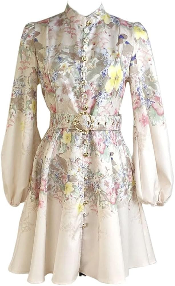 Women Poplin Printed Long Sleeve V-Neck Dress Slim Waist Knot Detail Casual Midi | Amazon (US)