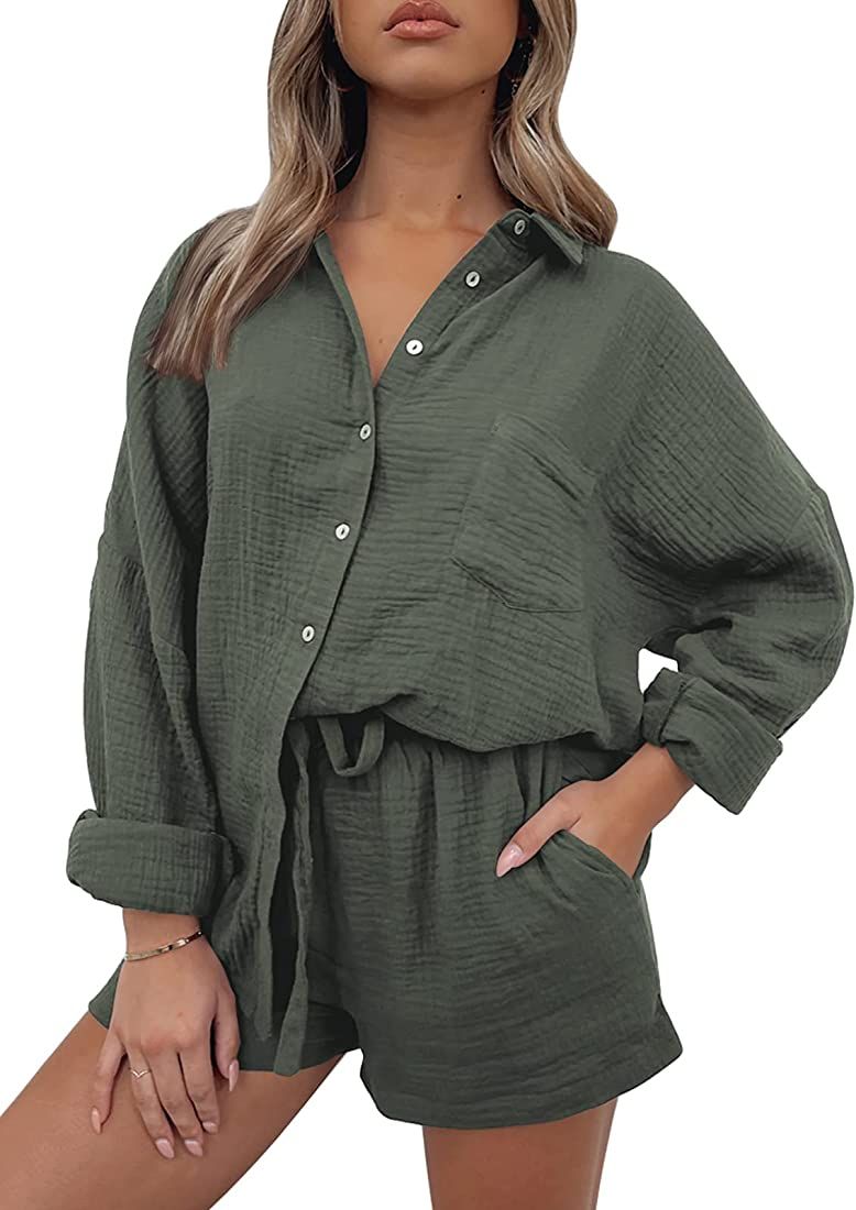AUTOMET 2 Piece Outfits For Women Lounge Sets Pajama Sets Long Sleeve Button Down Oversized Shirts A | Amazon (US)