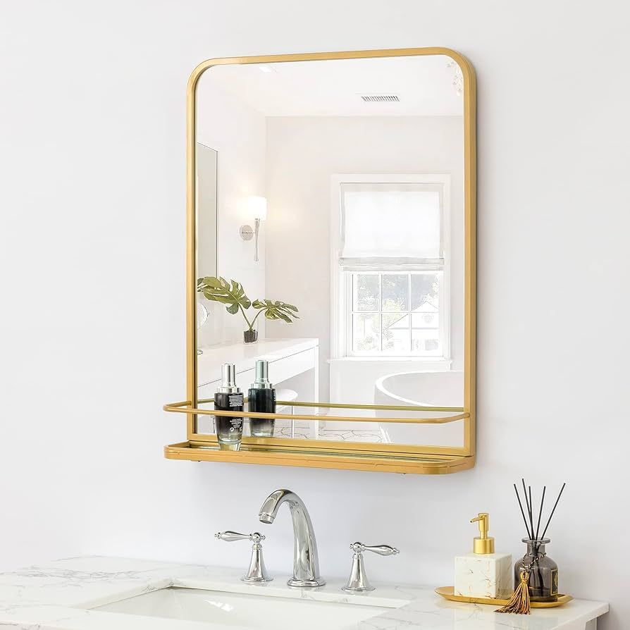 HMANGE Gold Bathroom Mirror with Shelf Vanity Mirror,Rectangle Metal Rounded Wall Mirror for Bath... | Amazon (US)