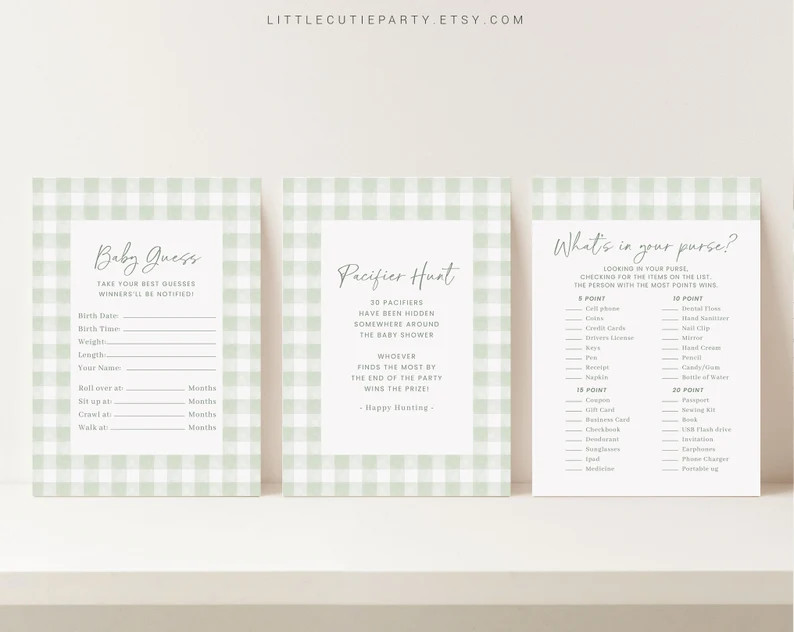 10 Editable Sage Green Gingham Baby Shower Games, Baby Boy Shower Games Bundle, Green Gingham Set... | Etsy (US)