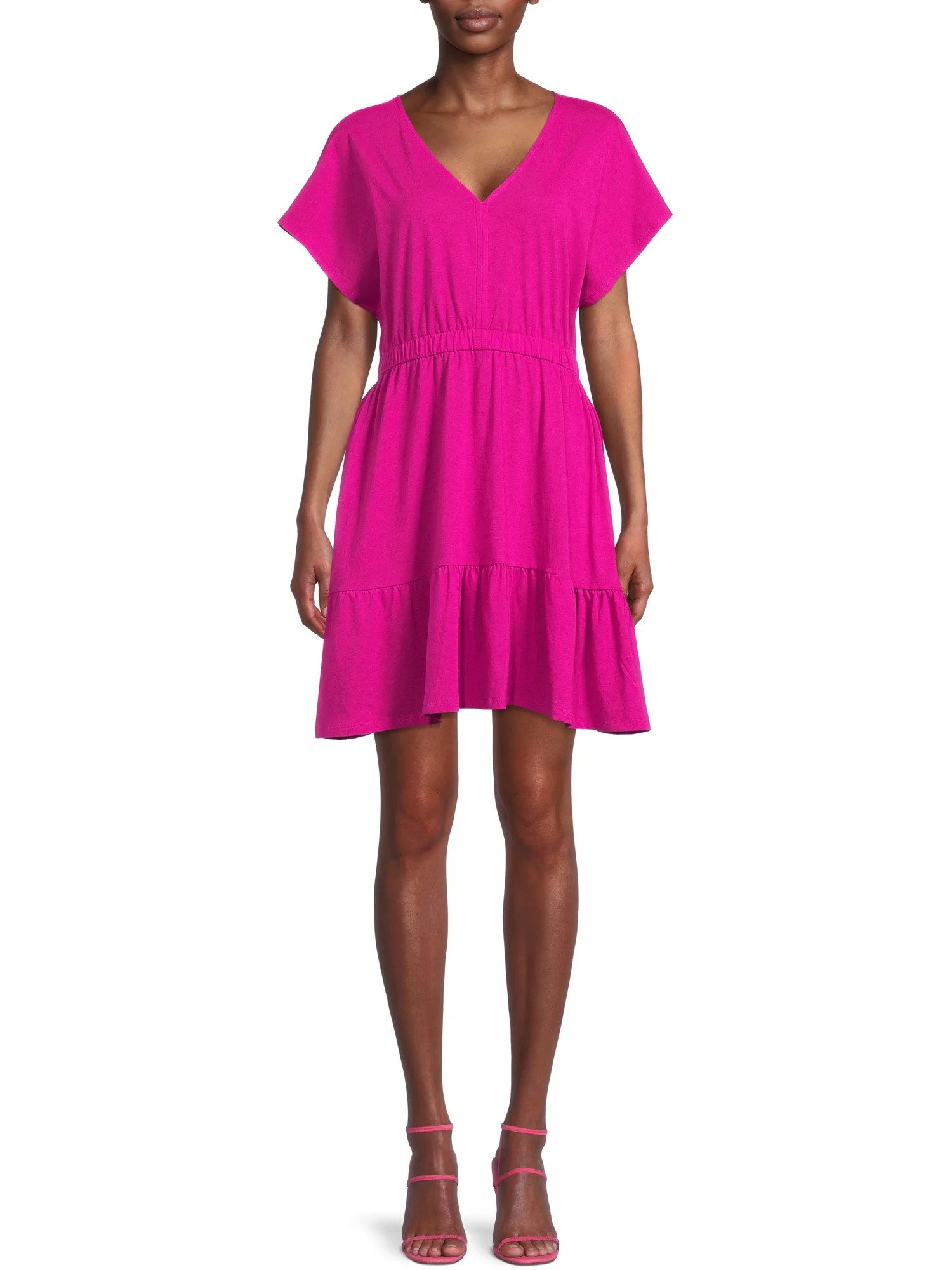 Time and Tru Women's Short Sleeve Knit V-Neck Tiered Dress | Walmart (US)