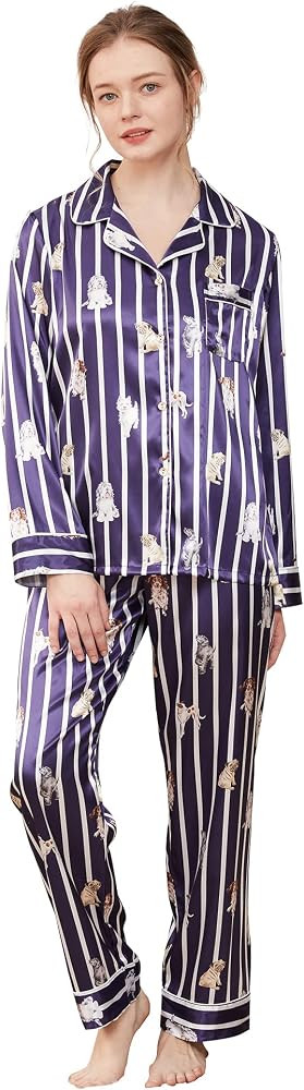 Women’s Silk Satin Classic Long Sleeve Pajamas Button Down Silky Floral Animals Pattern Set Lou... | Amazon (US)