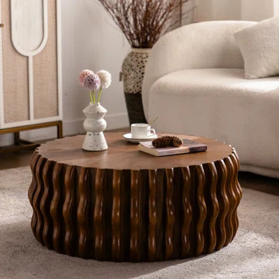 Modern Circle Coffee Table With Base And Grooved Gear, Suitable For Bedroom, Office - Natural Wood Finish, Materials Round Center Versatile Living Roo | Wayfair North America