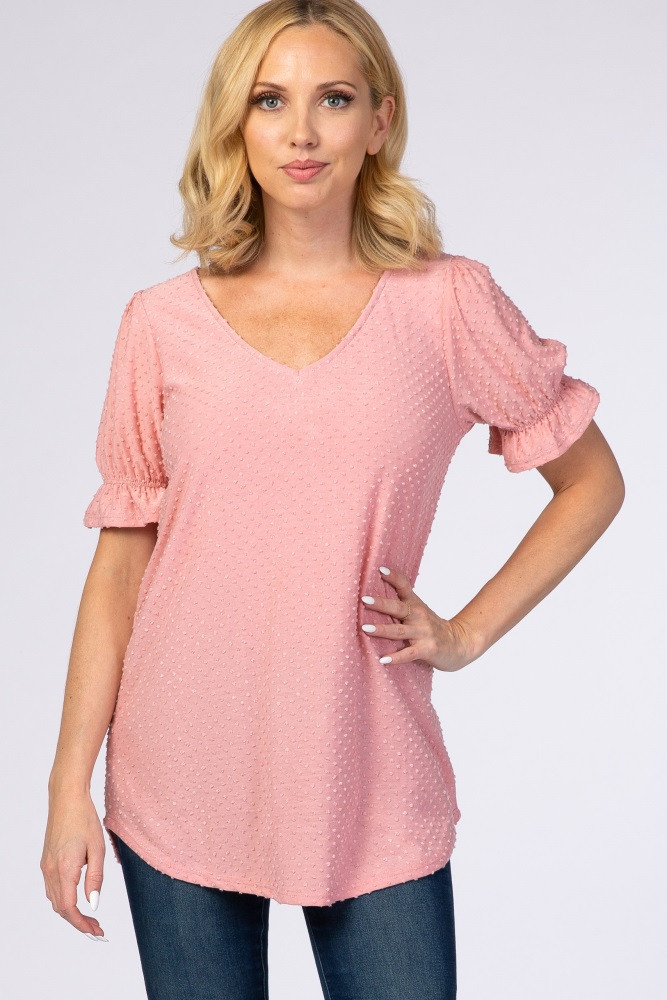Pink Textured Polka Dot Short Ruffle Sleeve V-Neck Top | PinkBlush Maternity