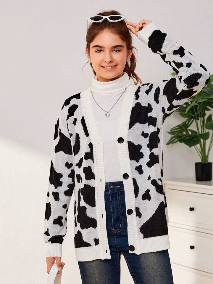 Teen Girl Cow Pattern Button Front Cardigan | SHEIN