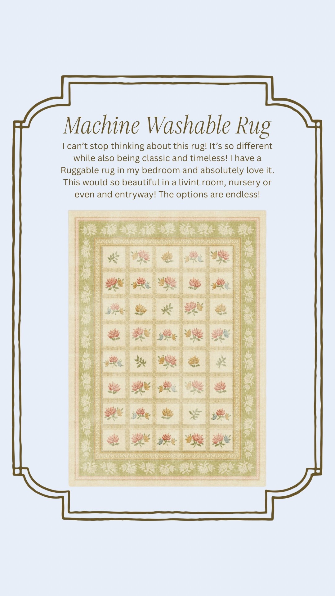 I can’t stop thinking about this machine washable rug! The vintage floral pattern and soft green tones are so unique while still feeling timeless and classic. This would be stunning in a living room, nursery, or even an entryway. If you’re into cottagecore, grandmillennial, or traditional decor styles—this one’s a must. Twashable rugs, cottagecore decor, vintage-inspired finds

#LTKHome #LTKStyleTip #LTKSummerEdit