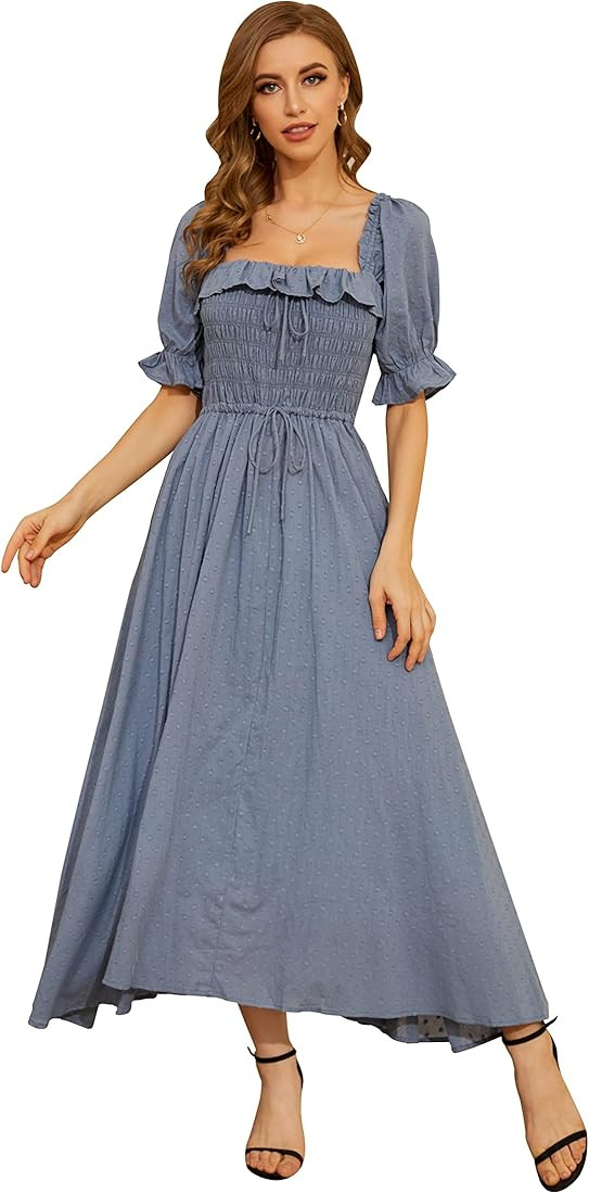 R.YIposha Women Vintage Elastic Square Neck Ruffled Half Sleeve Summer Backless Beach Flowy Maxi ... | Amazon (US)