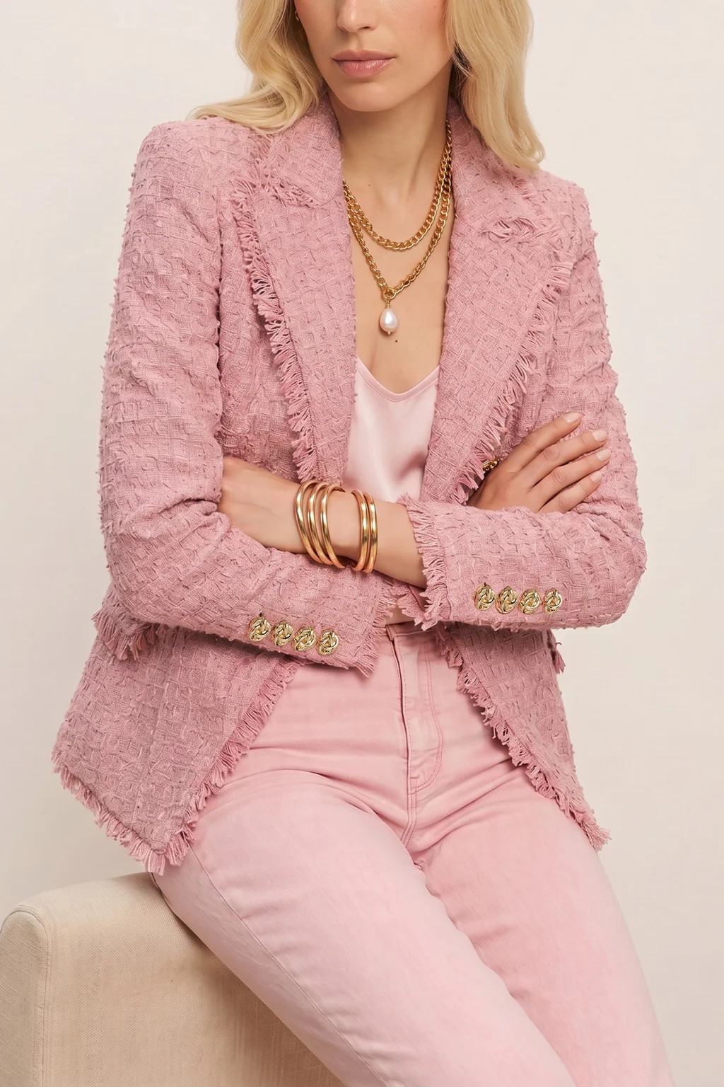Giselle Single Breasted Tweed Blazer - Blush | The Noli Shop