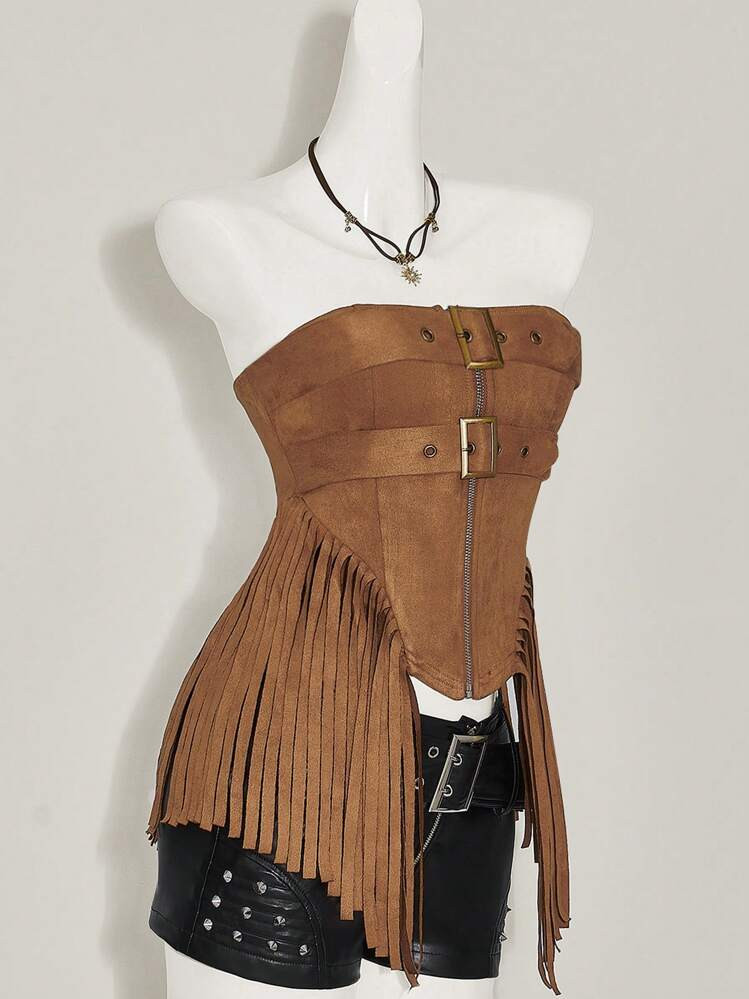 SHEIN ICON Women's Simple Front Zipper Casual Deer Velvet Tasseled Bandeau Cowgirl Boho Fringe We... | SHEIN