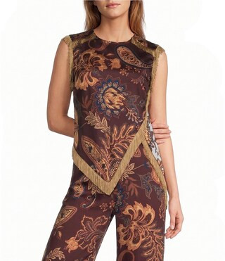 Alaia Paisley Fringe Crew Neck Sleeveless Blouse | Dillard's