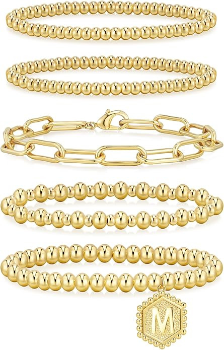 adoyi Gold Bracelets for Women Waterproof, 14K Gold Plated Beaded Strand Bead Ball Bracelets stac... | Amazon (US)