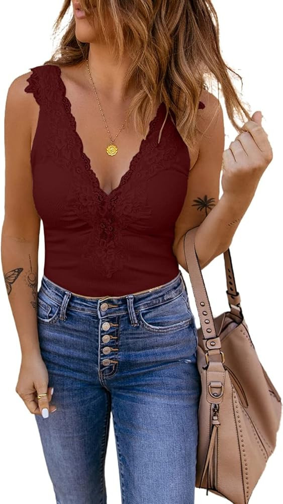 Womens Lace Patchwork Sexy Deep V Neck Knitted Vests Summer Camis Tank Tops | Amazon (US)