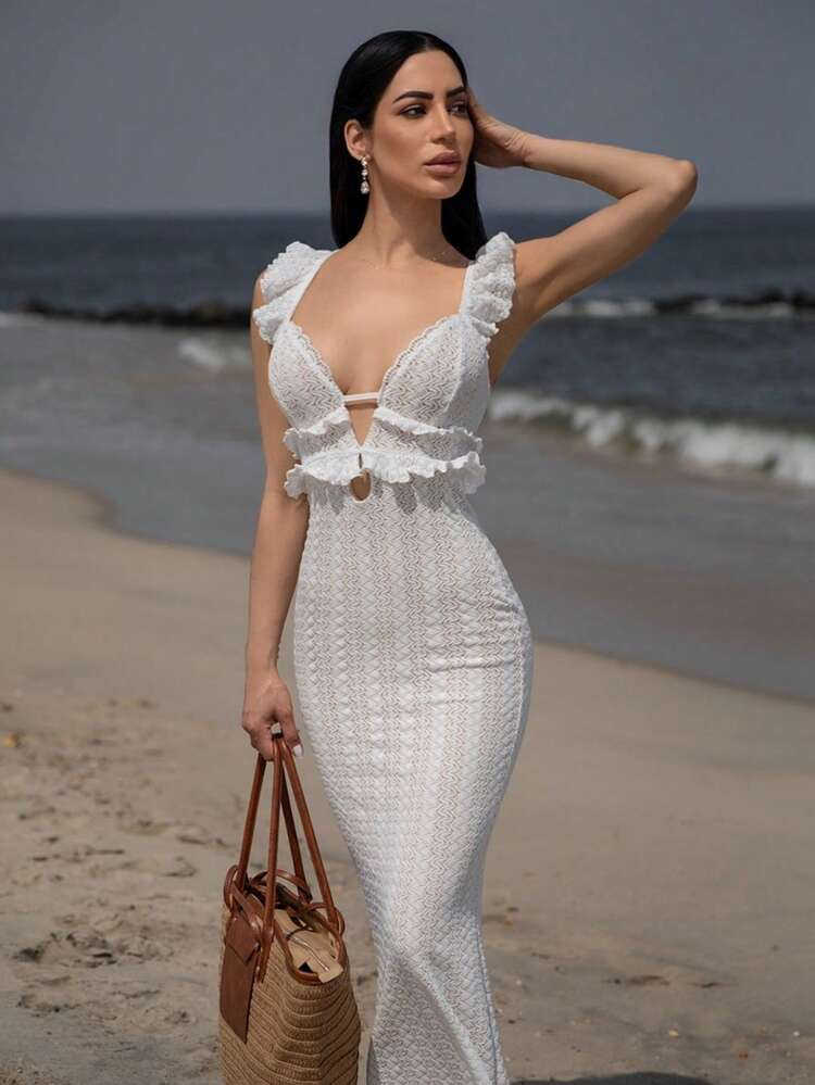 Carolina Barros Summer White Sexy Crochet Textured Off-Shoulder Dress With Hollow Out Back And Elegant Hemline,Summer Dresses For Women,White Graduation Dress | SHEIN