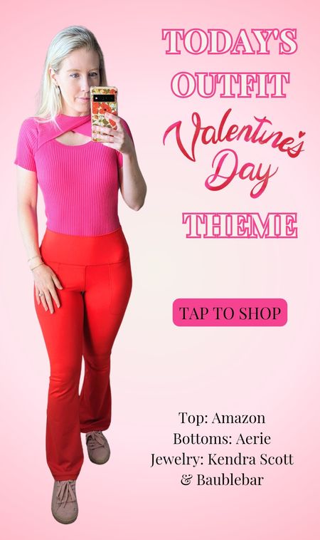 Valentine's Day outfit. Hot pink twist top cutout top, red flare leggings, Baublebar bracelets, Kendra Scott earrings. Exact items unavailable - similar items linked.

#LTKSpringSale #LTKSeasonal #LTKfindsunder50